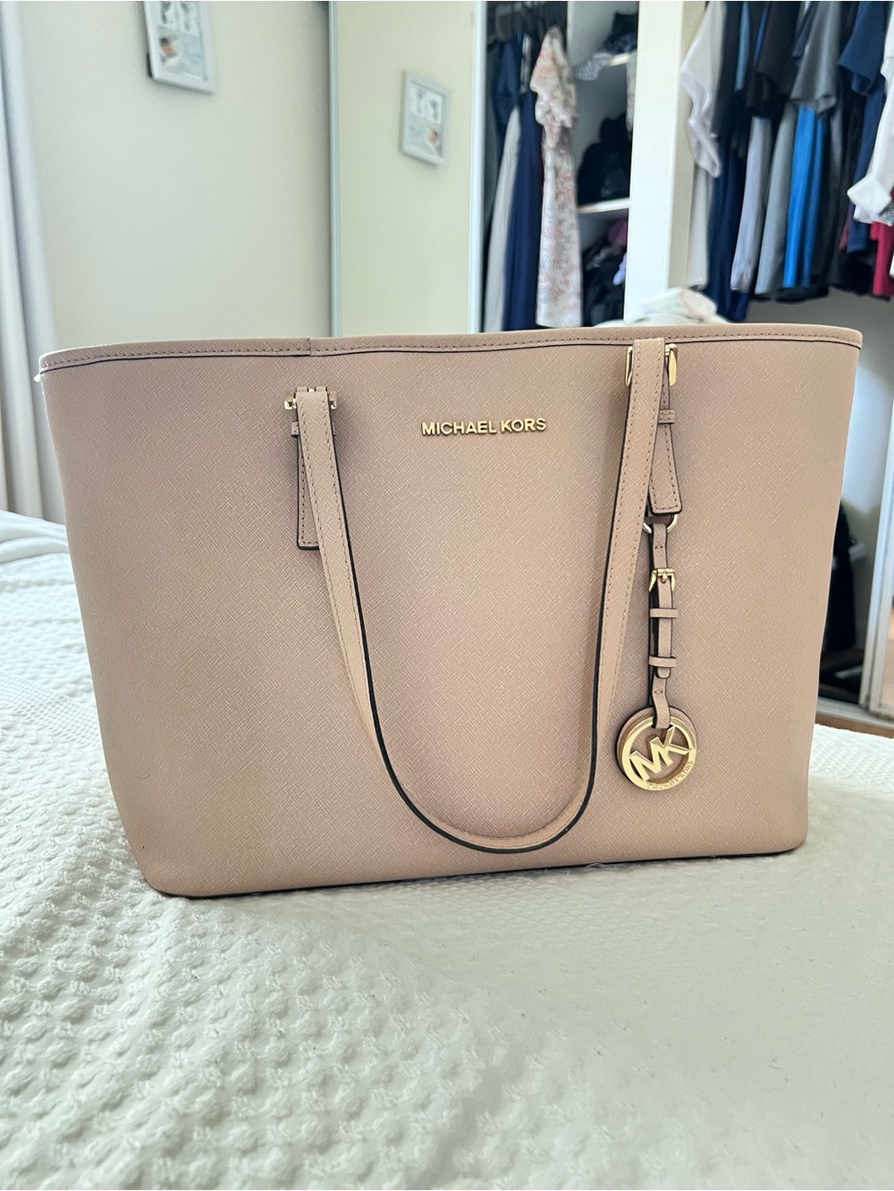 Michael Kors Pink Saffiano Leather Tote with Gold Charm